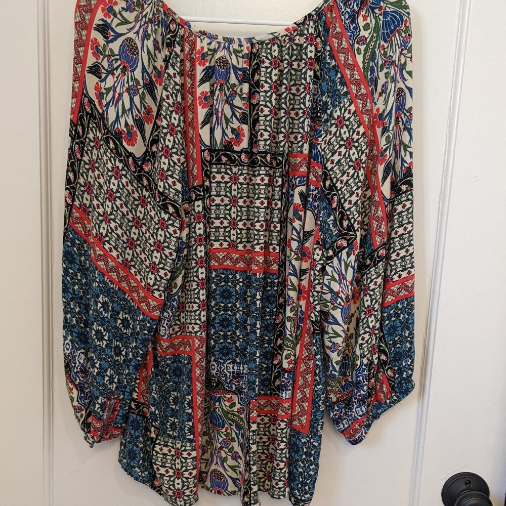 Jones & Co Womens 1X Top LS Colorful Geometric Print Hippy Y2K Festival Flowy - Picture 2 of 10